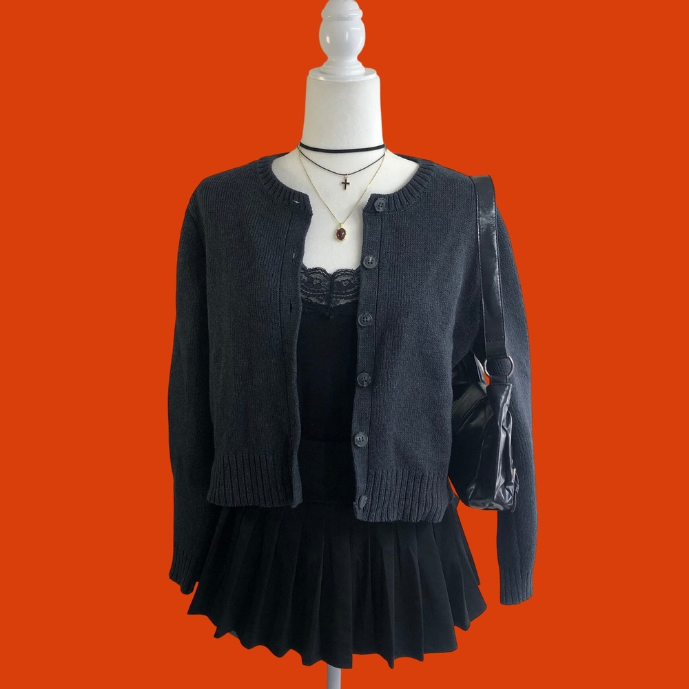 Zara Basic Charcoal Grey Crewneck Button Cardigan Sweater Womens S Cotton Blend